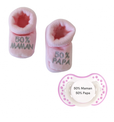 Chaussons et tétine 50% maman 50% Papa - Rose